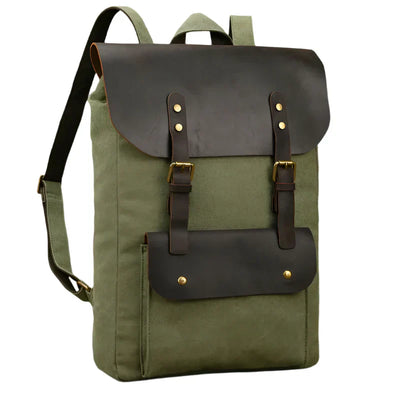 Genuine Leather & Canvas Rucksack - Vintage College Laptop Backpack