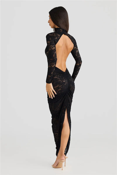 Women’s Slip Dress – Lace Bodycon Fit – Long Sleeve – High Neck – Thigh Slit – Floor Length