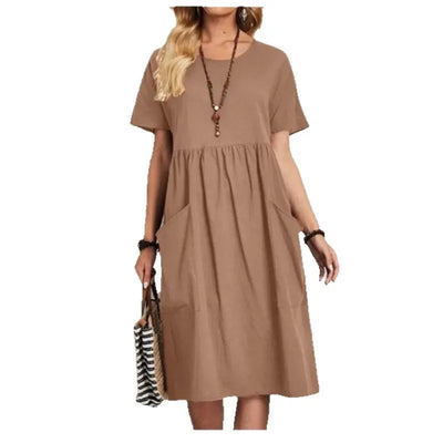 Mira | Navy Short-Sleeve Gathered Midi Dress