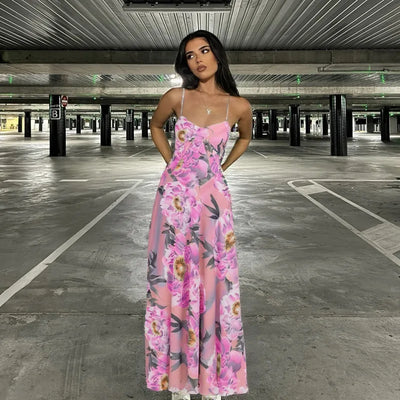 Women’s Maxi Dress – Floral Print – Draped Bodice – Spaghetti Straps – Flowy Fit
