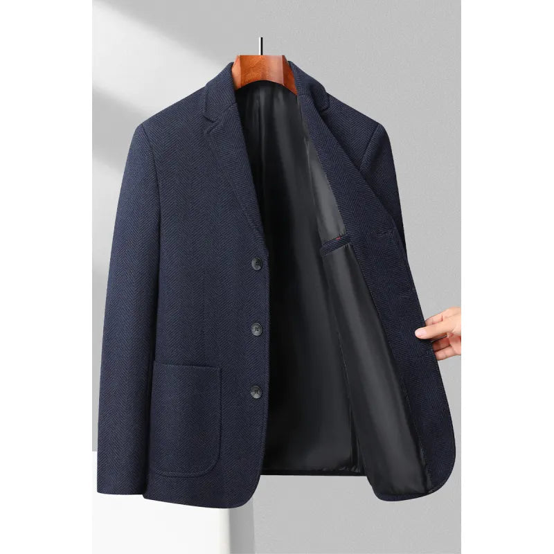Men’s Blazer – Wool Blend – Tailored Fit – Herringbone – Notched Lapel – 3-Button Closure