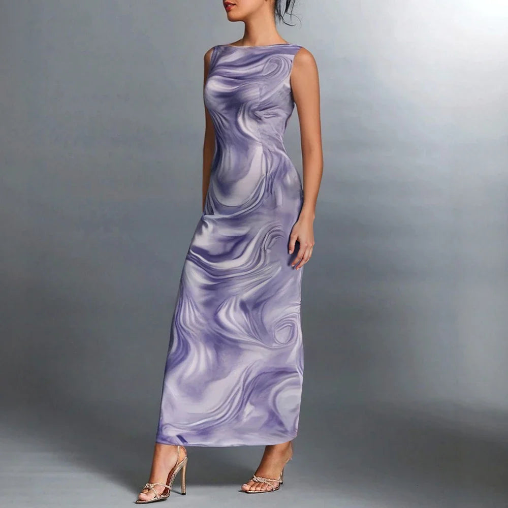 Women’s Maxi Dress – Bodycon Fit – High Neck Sleeveless – Stretch Fabric – Abstract Print