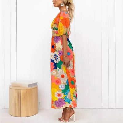 Women’s Maxi Dress – V-Neck – Puff Sleeves – Floral Print – Flowy Relaxed Fit