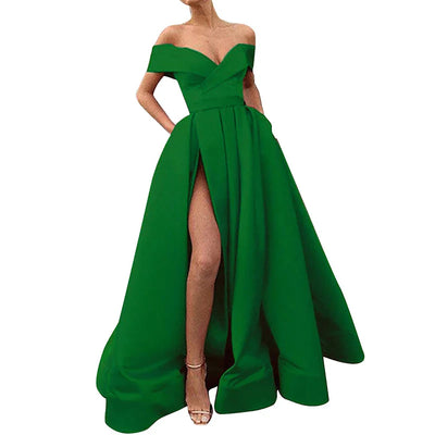 Women’s Evening Gown – Satin Blend – Off Shoulder – High Slit – A-Line Floor Length