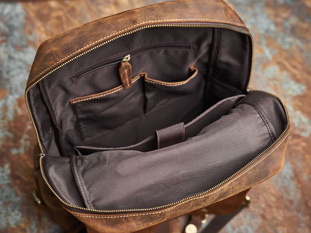 Rugged Genuine Leather Travel Backpack - Brown Large Capacity Daypack