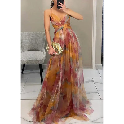 Women’s Evening Gown – Halter Neck – Crisscross Bodice – Sheer A-Line – Floor Length