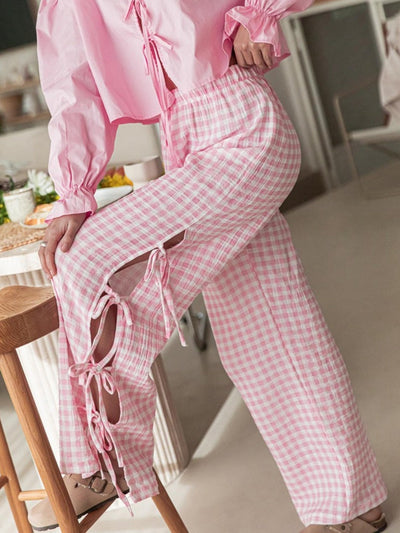 Women’s Wide Leg Trousers – 100% Cotton – Relaxed Fit – Checkered – Side Tie Waist