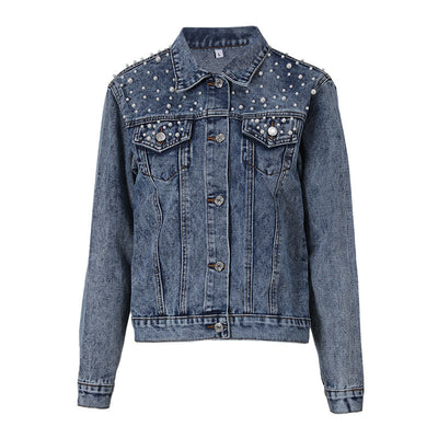 Avencea | Elegant Denim Jacket with Pearl Embellishments