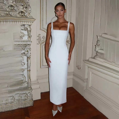 Women’s Evening Gown – Satin Full-Length – Form-Fitting – Square Neck – Thick Straps