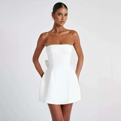 Women’s Mini Dress – Strapless Satin – Slim Fit – Back Bow – Beaded Trim Partywear