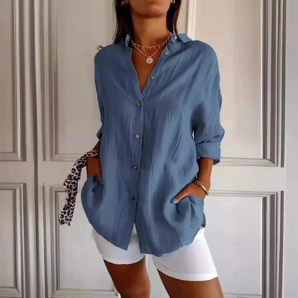 Women’s Button-Up Shirt – Relaxed Fit – Crinkled Texture – Long Sleeve Casual Style