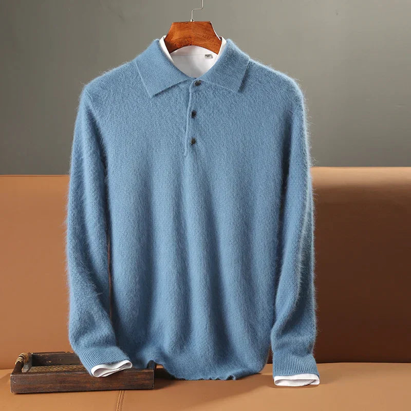Men’s Polo Sweater – Wool Knit – Relaxed Fit – Long Sleeve – Ribbed Trim