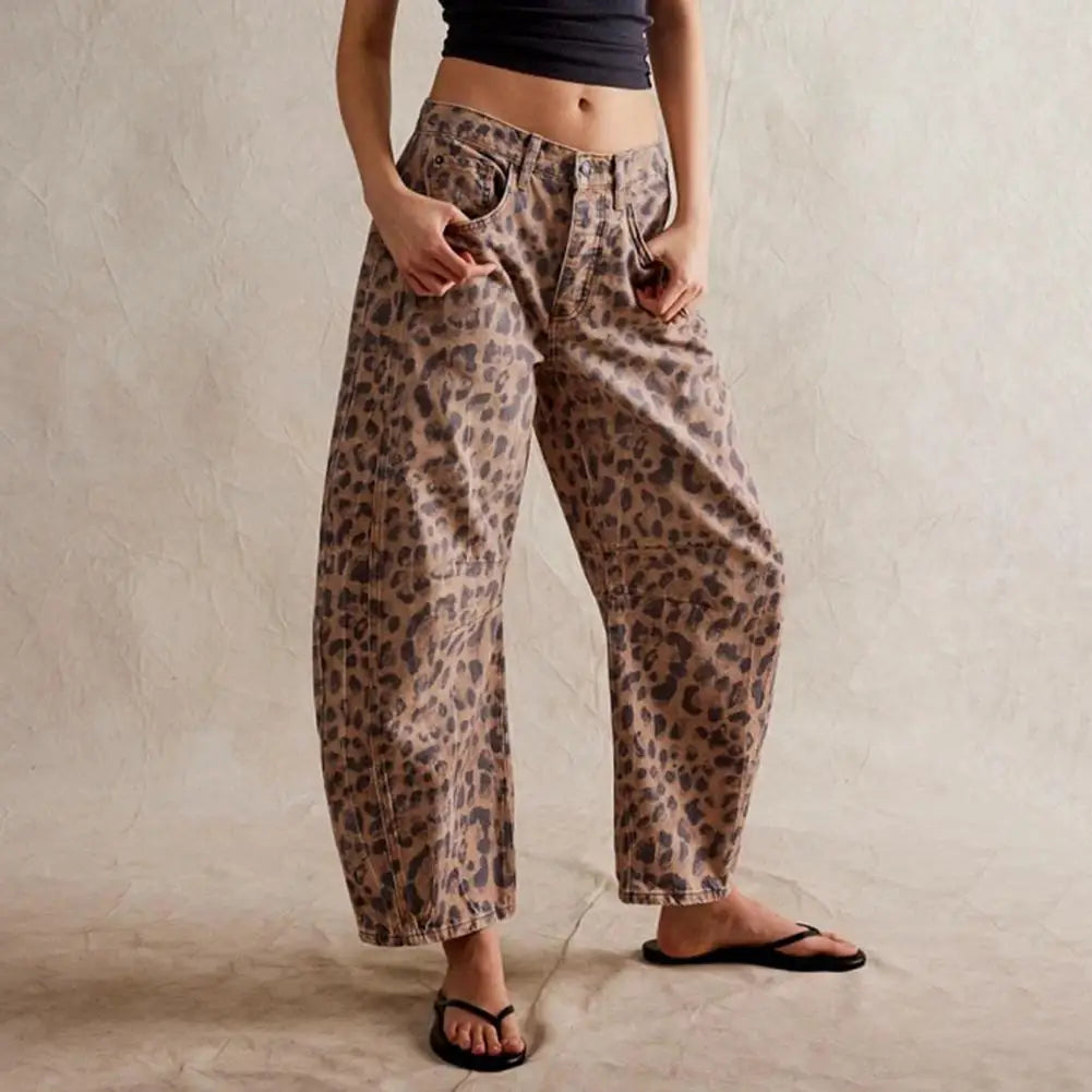 Women’s Barrel-Leg Jeans – Relaxed Fit – Full Length – Animal Print Denim