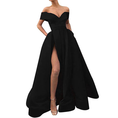 Women’s Evening Gown – Satin Blend – Off Shoulder – High Slit – A-Line Floor Length
