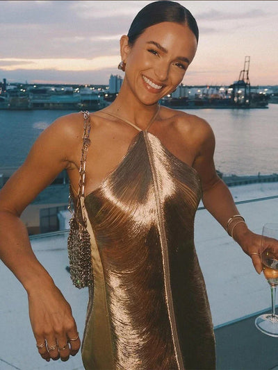 Women’s Mini Dress – Bodycon Fit – One-Shoulder Halter – Shimmer Metallic Finish