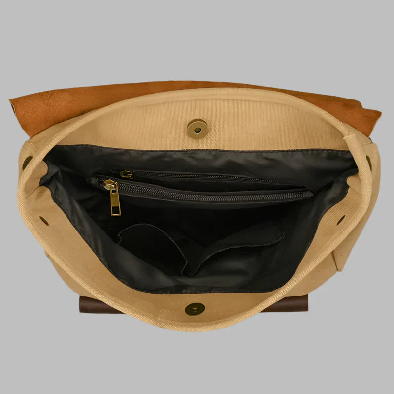 Genuine Leather & Canvas Rucksack - Vintage College Laptop Backpack