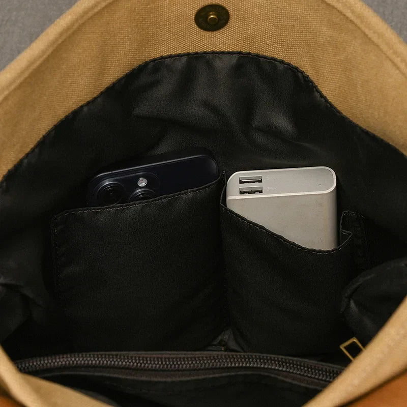 Genuine Leather & Canvas Rucksack - Vintage College Laptop Backpack