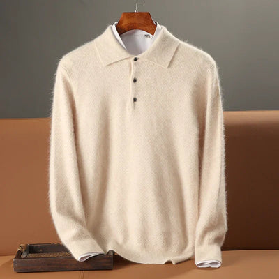 Men’s Polo Sweater – Wool Knit – Relaxed Fit – Long Sleeve – Ribbed Trim