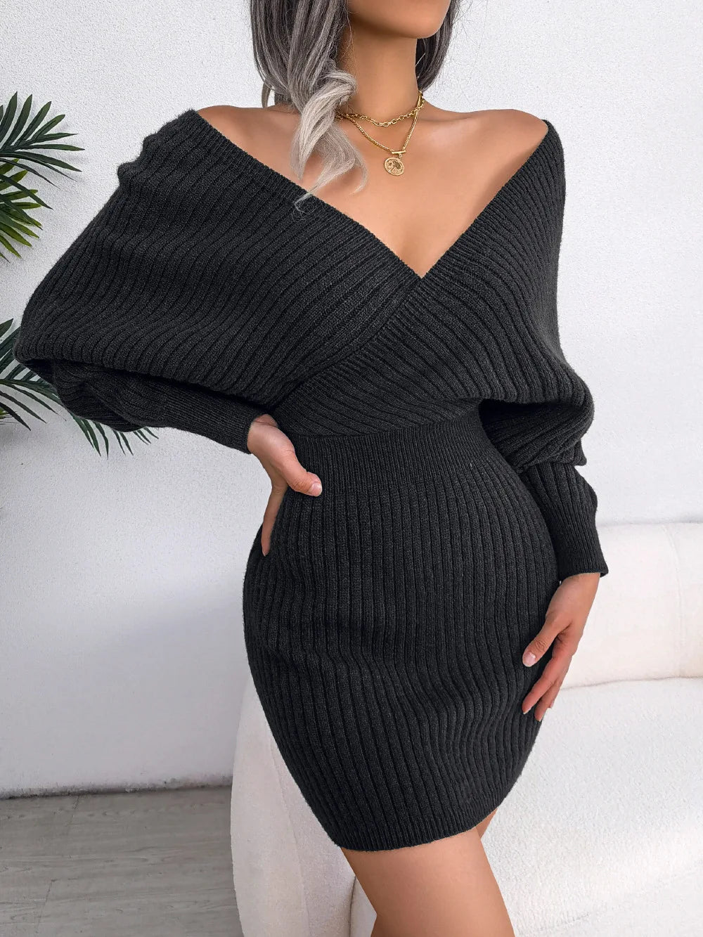 Women’s Mini Dress – Ribbed Knit – Slim Fit – Wrap V-Neck – Long Sleeve Dressy Style