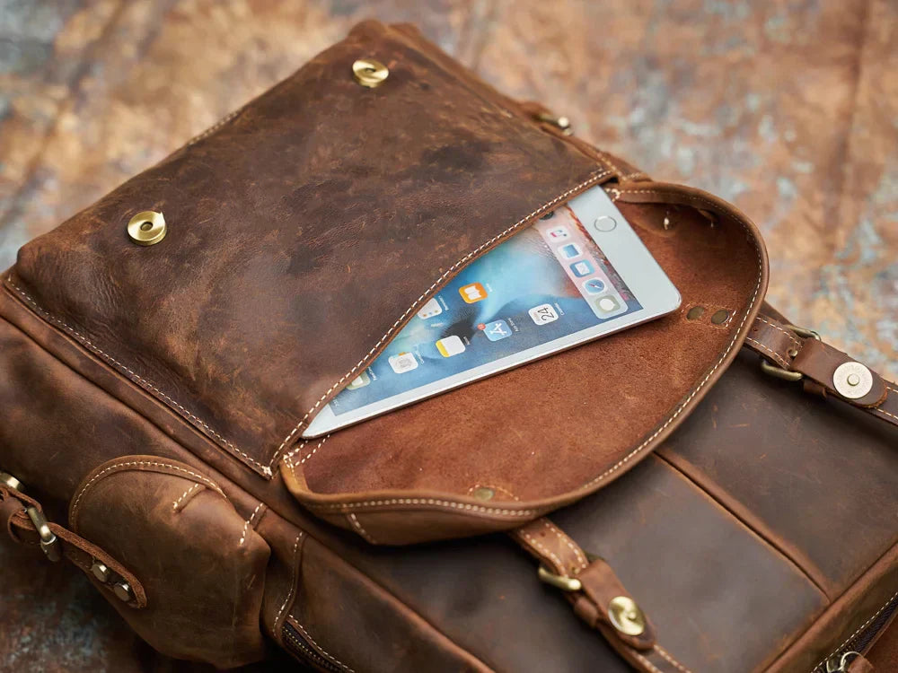 Rugged Genuine Leather Travel Backpack - Brown Large Capacity Daypack