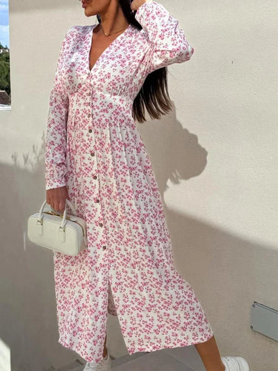 Women’s Maxi Dress – Floral Print – V-Neck – Button-Down – Long Sleeve Cotton