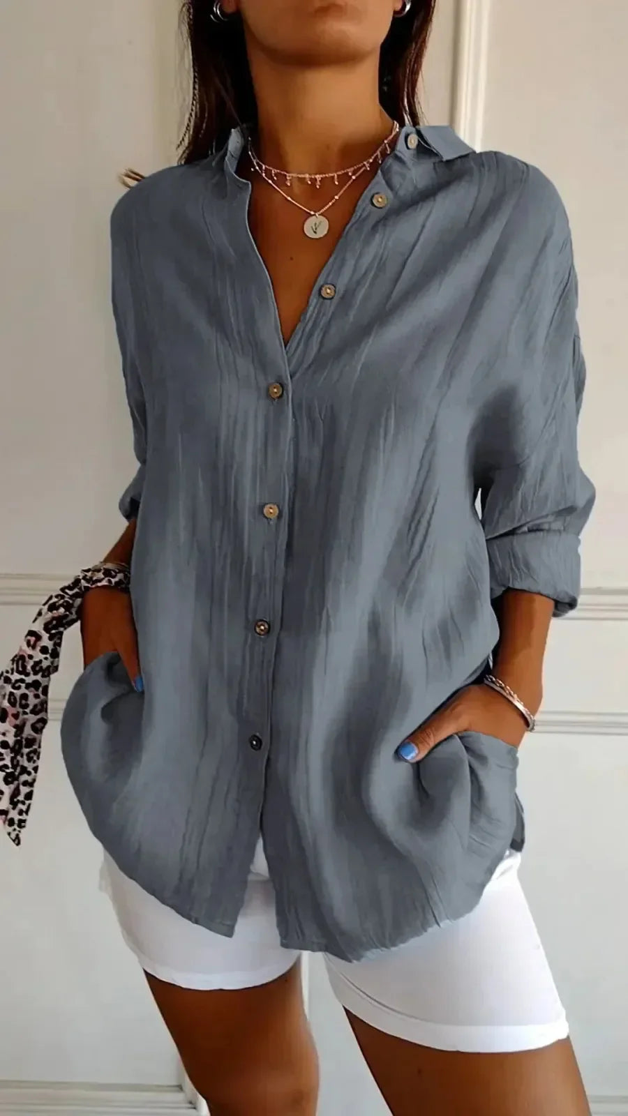 Women’s Button-Up Shirt – Relaxed Fit – Crinkled Texture – Long Sleeve Casual Style