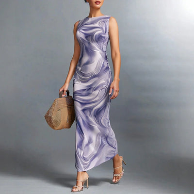 Women’s Maxi Dress – Bodycon Fit – High Neck Sleeveless – Stretch Fabric – Abstract Print