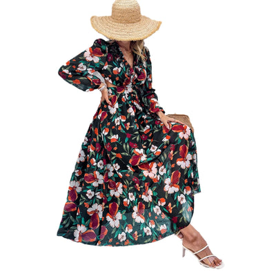 Women’s Maxi Dress – Floral Print – V-Neck – Puff Sleeve – Fitted Waist – Long Sleeve