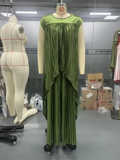 Angela - Pleated Irregular Top and Wide Waisted Pants Set