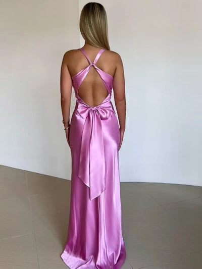Women’s Evening Gown – Satin Halter Neck – Backless Fitted Floor-Length Dress