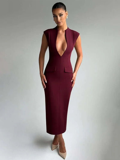 Women’s Midi Dress – Bodycon Fit – Deep V-Neck – Sleeveless – Stretch Structured Fabric