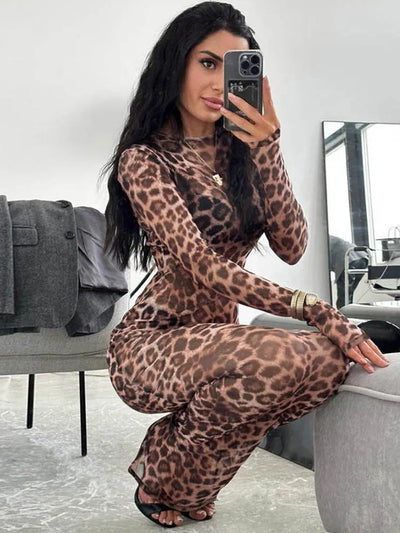 Women’s Jumpsuit – Slim Fit Sheer Fabric – Leopard Print – Long Sleeve Full Length