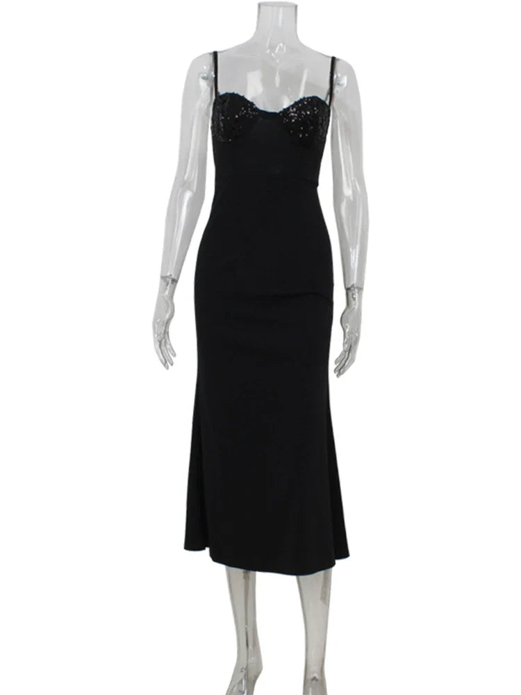 Women’s Evening Dress – Slim Fit – Sequin Bust – Satin Feel – Sweetheart Neckline – Floor Length