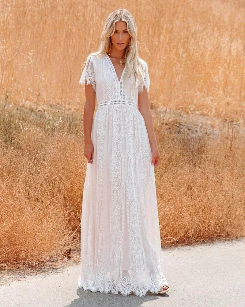 Women’s Maxi Dress – Lace Fabric – Bohemian Fit – V-Neck – Short Sleeve – Full Length