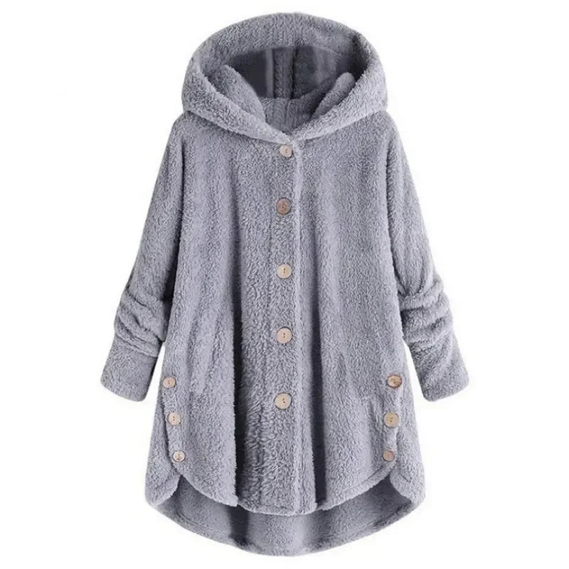 Women’s Fleece Jacket – Relaxed Fit – Hooded – Button Front – Extended Back Hem