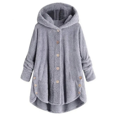Women’s Fleece Jacket – Relaxed Fit – Hooded – Button Front – Extended Back Hem