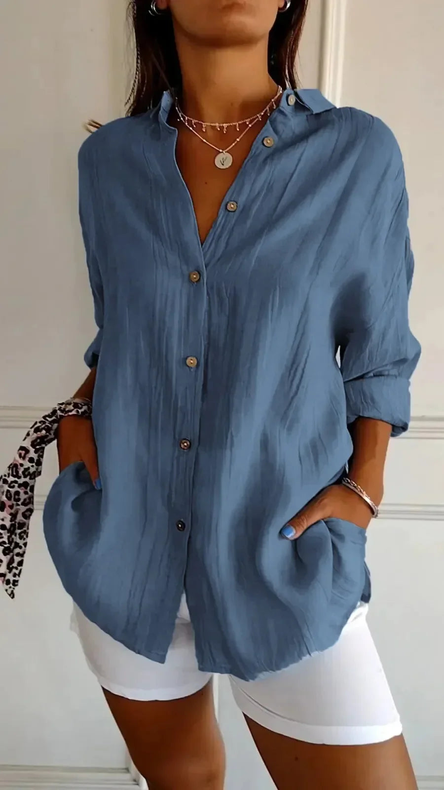 Women’s Button-Up Shirt – Relaxed Fit – Crinkled Texture – Long Sleeve Casual Style