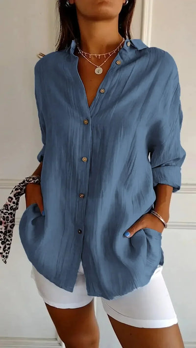 Women’s Button-Up Shirt – Relaxed Fit – Crinkled Texture – Long Sleeve Casual Style