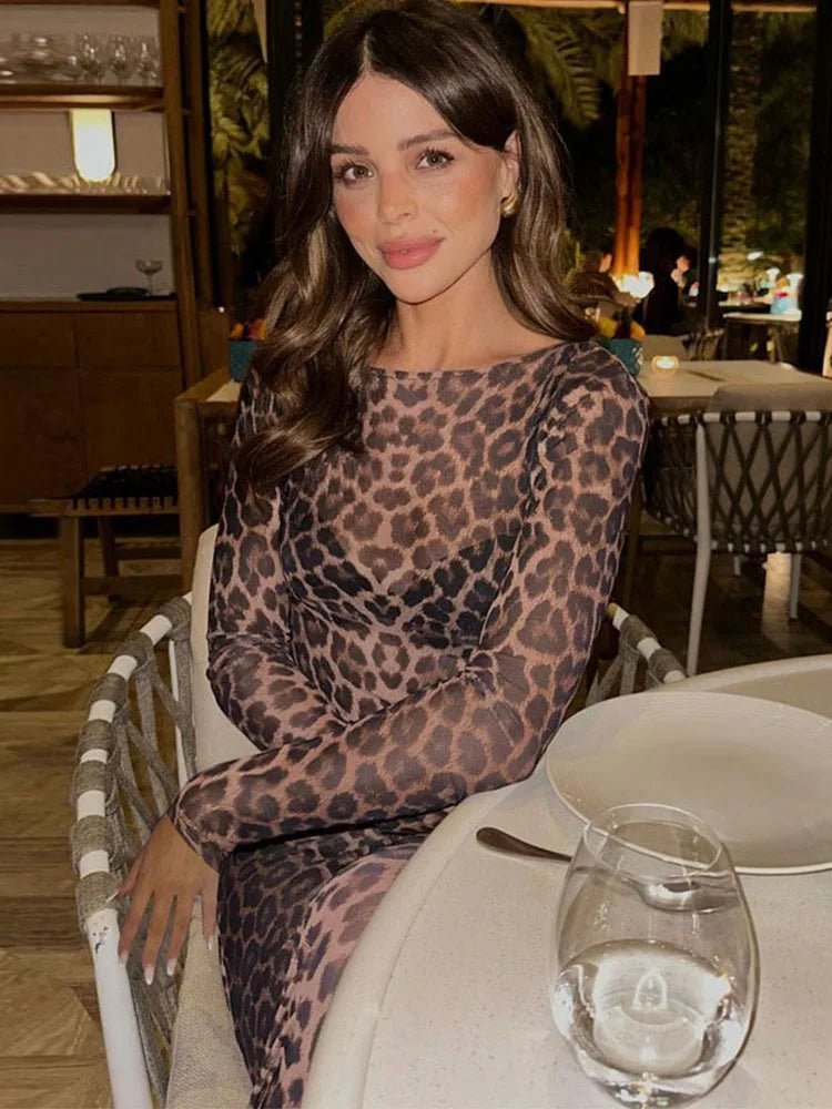 Women’s Jumpsuit – Slim Fit Sheer Fabric – Leopard Print – Long Sleeve Full Length