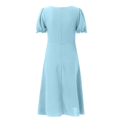 Women’s Midi Dress – Slim Fit – Sweetheart Neckline – Puff Sleeves – Front Slit Buttons