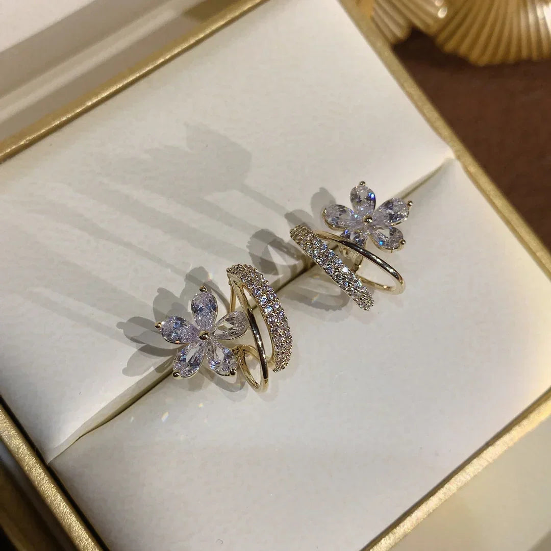 Gold Floral Earrings with Sparkling Zirconia