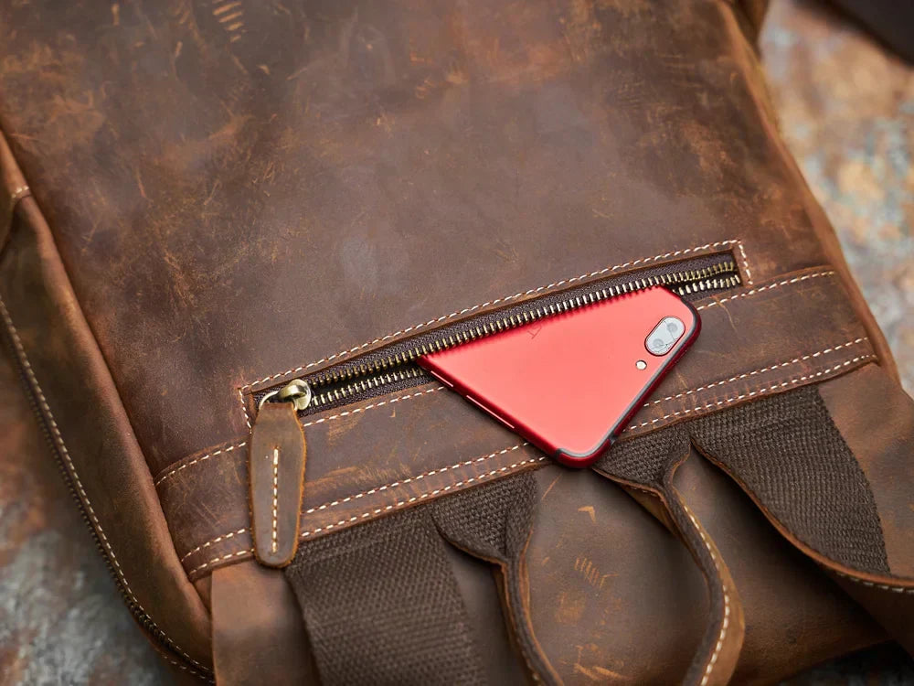 Rugged Genuine Leather Travel Backpack - Brown Large Capacity Daypack