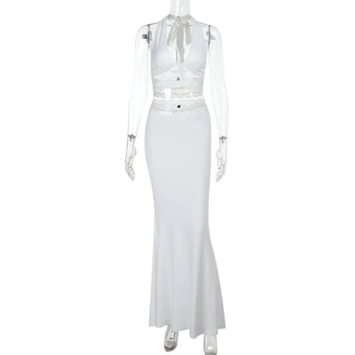 Women’s Two-Piece Set – Halter Crop Top – Mermaid Skirt – Stretch Lace Evening Wear