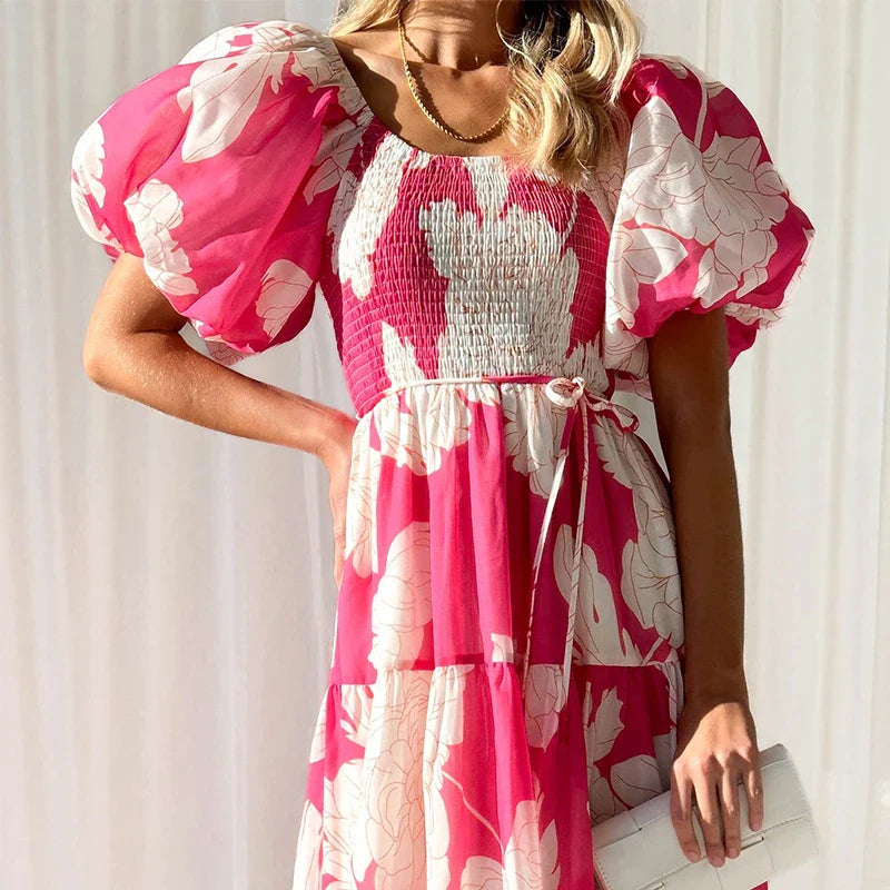 Women’s Maxi Dress – Cotton Blend – Smocked Bodice – Puff Sleeves – Tiered Floral Skirt