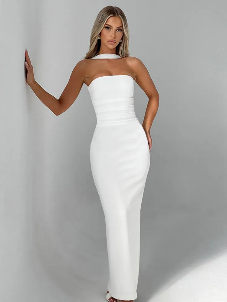 Women’s Evening Gown – Strapless Satin Bodycon Fit – Sheer Gloves and Scarf Set