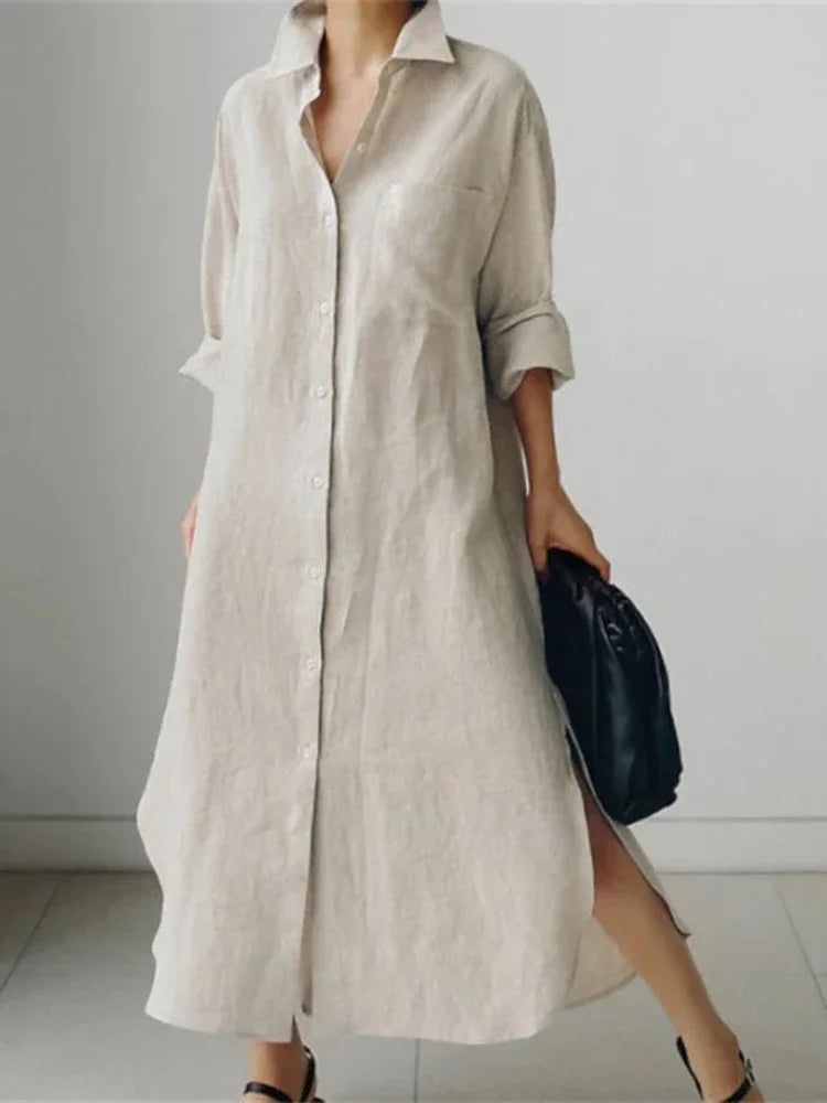 Women’s Shirt Dress – Linen Blend – Relaxed Fit – Midi Length – Button Down – Side Slits