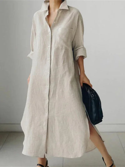 Women’s Shirt Dress – Linen Blend – Relaxed Fit – Midi Length – Button Down – Side Slits