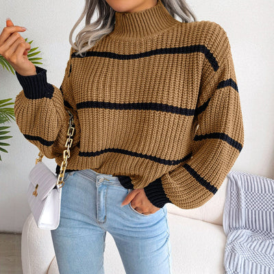 Women’s Pullover Sweatshirt – Relaxed Fit – Wool Knit – Turtleneck – Striped Ribbed Hem