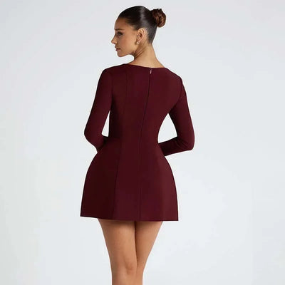 Women’s Mini Dress – Fit and Flare – Square Neck – Long Sleeve – Structured Fabric