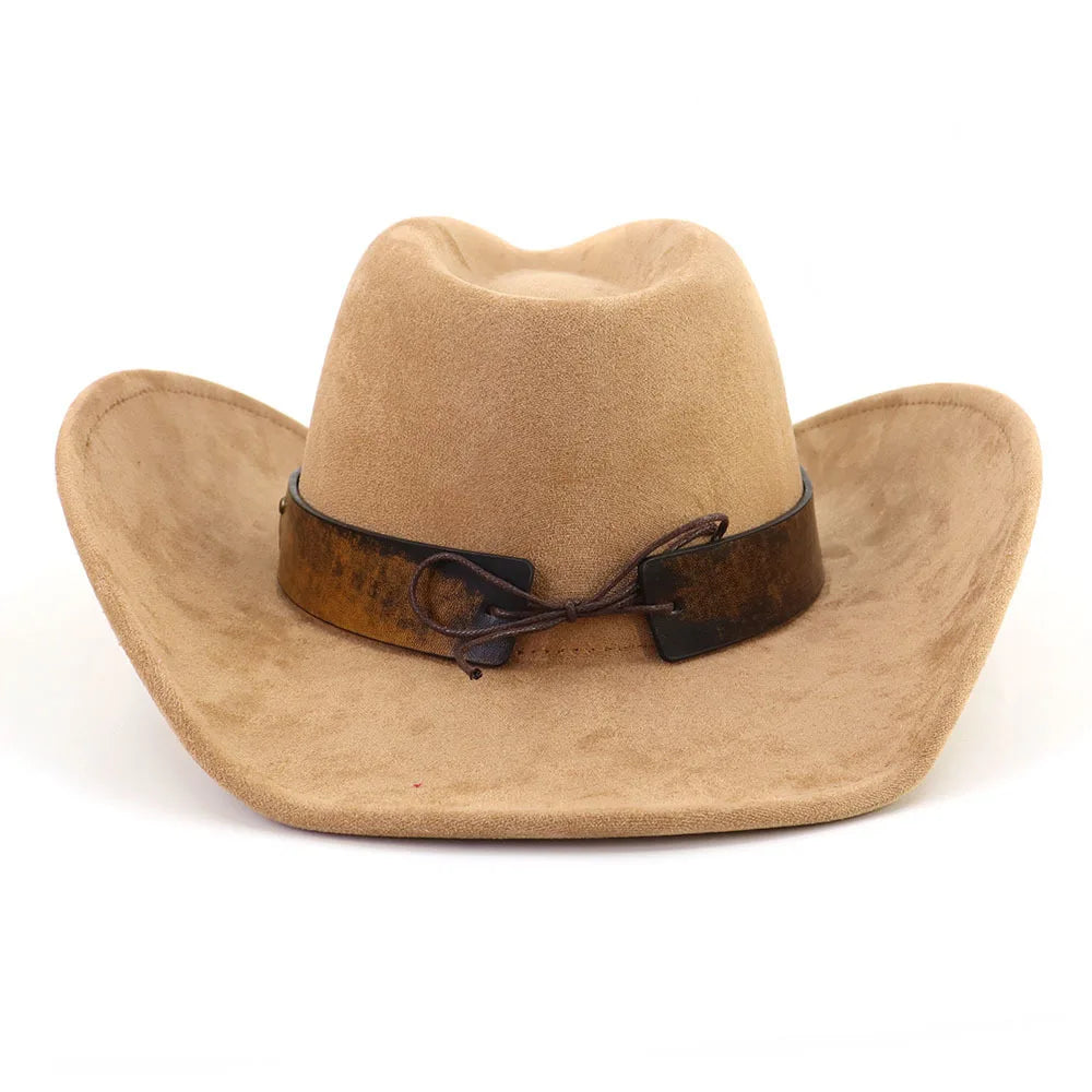 Western Big Brim Cowboy Hat Bull's Head Leather Band Suede Top Hat Outdoor Mens Hats Ladies Party Horse Riding Cowgirl Hat